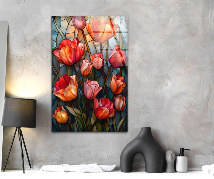 Stained Red Tulips Glass Wall Art, art glass wall art, glass wall art pictures