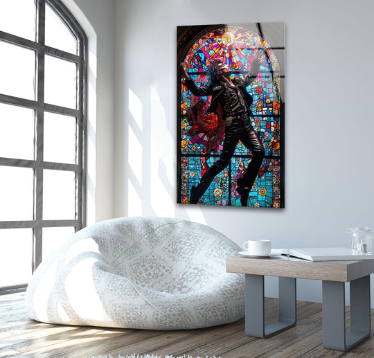 Warm sunlight illuminates a dynamic Michael Jackson tempered glass wall art piece featuring vibrant, cool-toned stained glass hues.