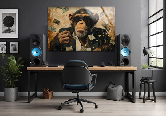 A dark gray wall serves as the background for a captivating glass art piece featuring a rich monkey in sunglasses surrounded by floating dollar bills.