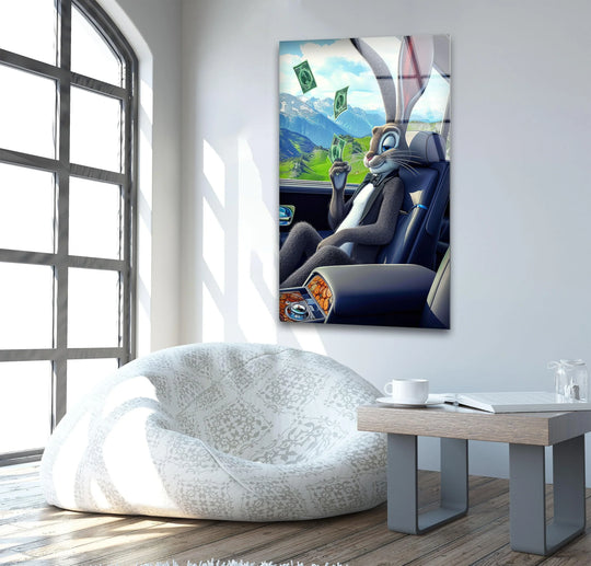 Rich Rabbit Glass Wall Art showcases a visually rhythmic display of a character with money amidst mountains, adding playful luxury to home decor.