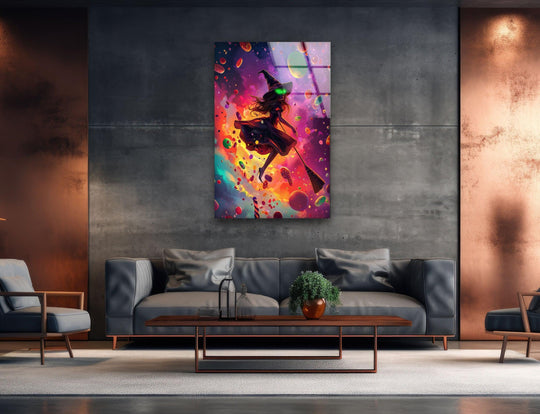 A vibrant witch flies through a galaxy of scattered candies, set against a dark, textured wall that emphasizes the negative space.