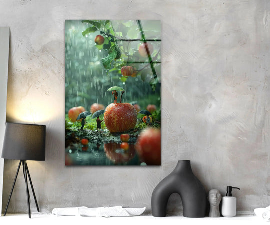 Miniature people with umbrellas gather around a giant, dew-covered apple as part of a playful home decoration.