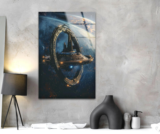 Space Wall Art spaceship glossy glass wall art showing a futuristic space station and planet with spaceship art decor and space design elements