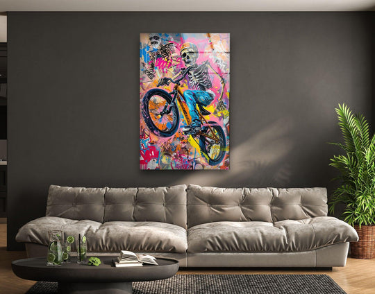 Art from glass depicts a vibrant skeleton biker artwork with a sharp edge against a dark background.