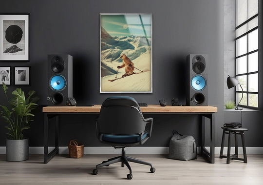 Dark charcoal walls and a black desk frame a skier meerkat glass wall art decor.