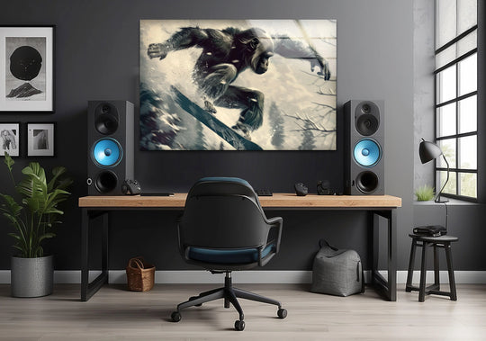 A gorilla skier on hanging wall art creates a soft, snowy scene in this cool artwork print.