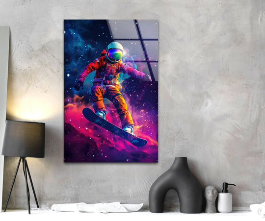 Space wall art snowboarder in astronaut glossy glass wall art features cool wall decor and glass picture prints
