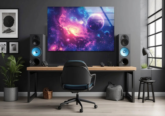 Space Wall Art features the Universe Exploring Glass Wall Art glossy horizontal and galaxy space print with vivid cosmic and vibrant decor