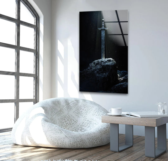 Layered light effects highlight the legendary Sword in the Stone Excalibur art from glass, creating depth and mystique.