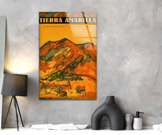 Organic forms in warm hues of orange and yellow dominate the Tierra Amarilla book cover tempered glass wall art.