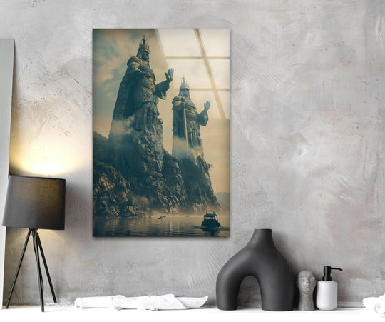 This unique modern wall decor features the edge of a glass print showcasing two monumental warrior statues guarding a misty waterway.