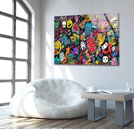 A dark background is covered in colorful, cartoonish graffiti figures, part of this decorative wall art.