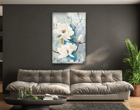 Vertical and rectangular, this white floral glass hanging wall art displays beautiful flower blooms.