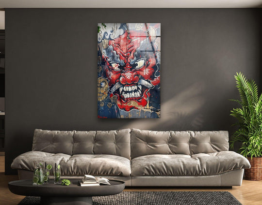 A plush grey sofa offers the softest seating, complementing the bold Yakuza glass wall art, a striking home decoration.