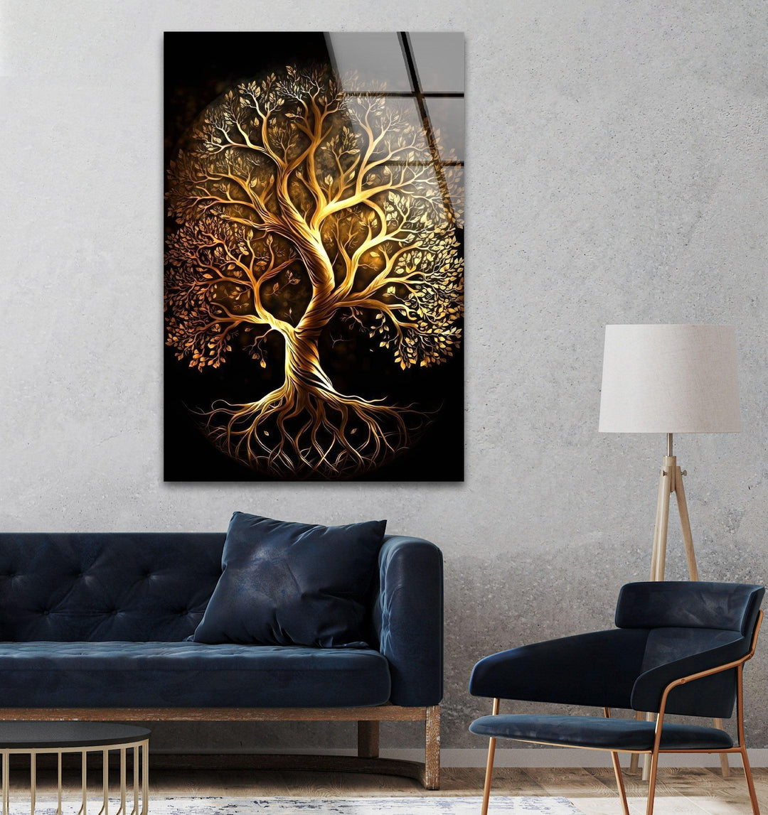 Golden Life of Tree Glass Wall Art, stained glass wall art, stained glass wall decor