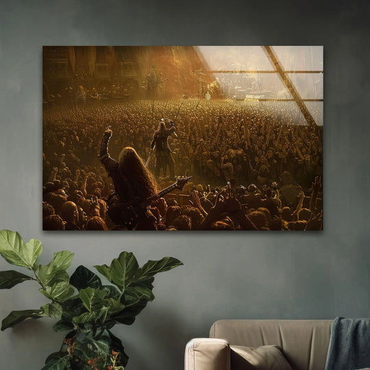A roaring crowd at a heavy metal concert fills this intense glass art with the loudest, most energetic visual.