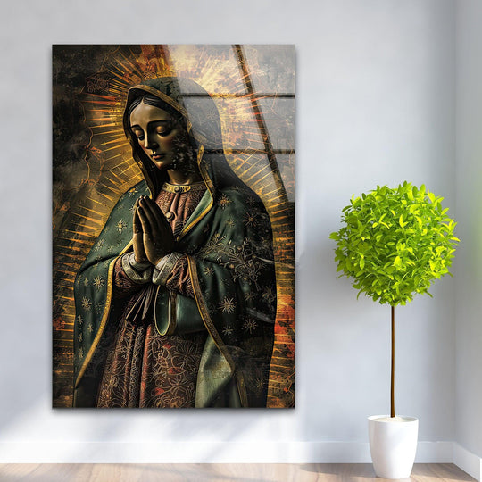 Religion glass wall art the Lady of Guadalupe design with gold accents and Christian wall decor shows spiritual devotion and eternal beauty on a wall