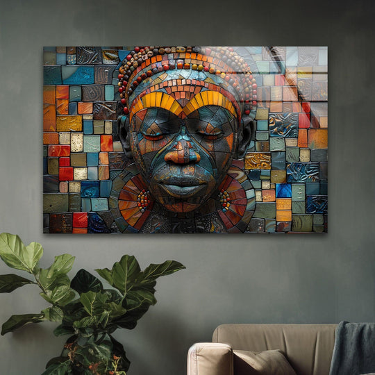 A detailed, layered mosaic face crafted from art from glass, featuring a rich tapestry of colorful, textured tiles.