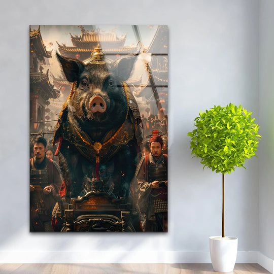 The stillness emanates from this sacred black earth pig glass wall art, its regal bearing a captivating, hanging wall art centerpiece celebrating cultural elegance.