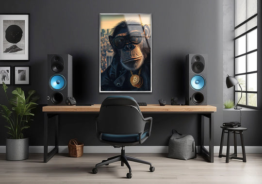 Cool hanging wall art of a stylish monkey in sunglasses wearing a bitcoin chain.