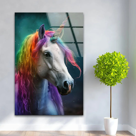Rainbow-hued unicorn glass art painting with a cool, vibrant color temperature and mystical aura.