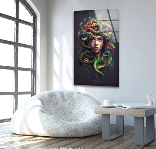 A striking glass wall art piece featuring a Medusa portrait hangs on a stark white wall, with sunlight streaming through a large arched window in the background.