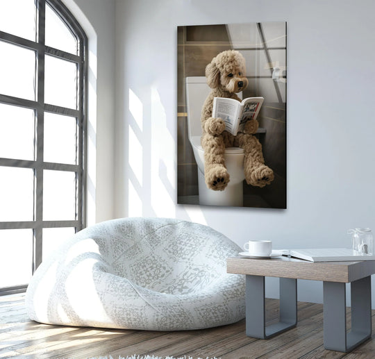 Framed glass wall art of a dog reading on a toilet, showcasing a dog's humorous side for your home decoration.