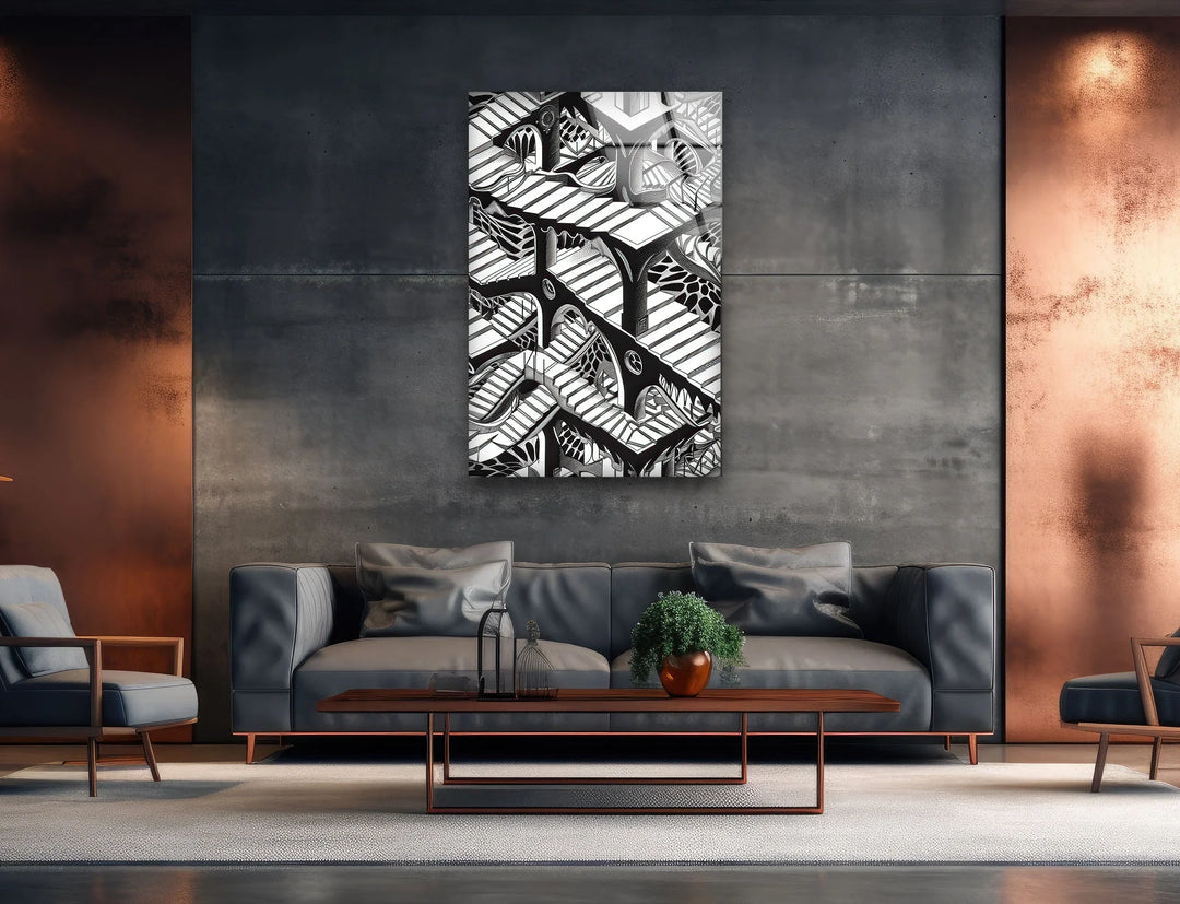 Black and white geometric maze inspired by M.C. Escher’s impossible structures.