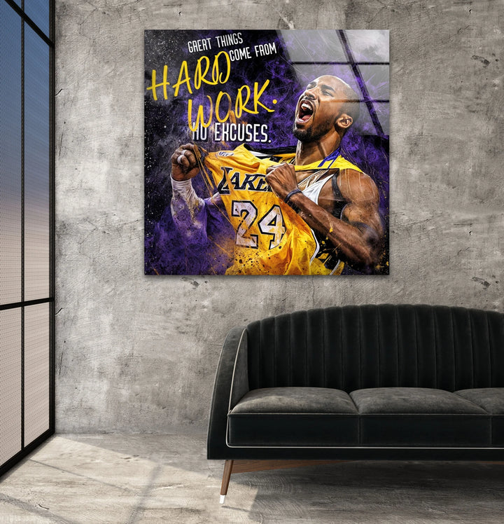 Dynamic glass wall art of an emotional basketball moment paired with inspirational lettering.
