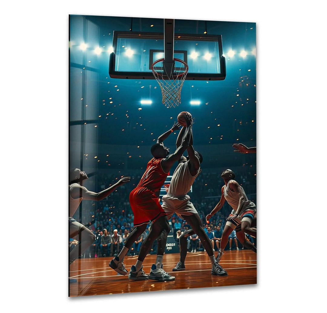 Glass wall art of intense basketball players battling under the hoop in a packed arena.