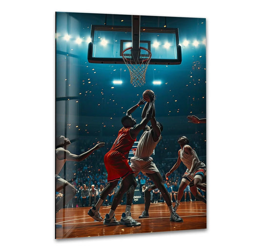 Basketball players compete in this sports scene depicted in glass wall art and find game decor and action for a dynamic glass print wall decor