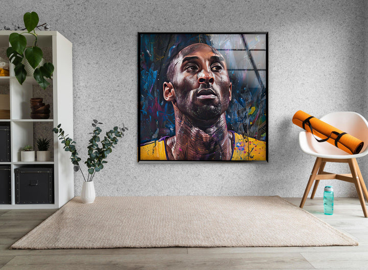 Modern glass wall art showing a determined basketball player with colorful abstract effects.