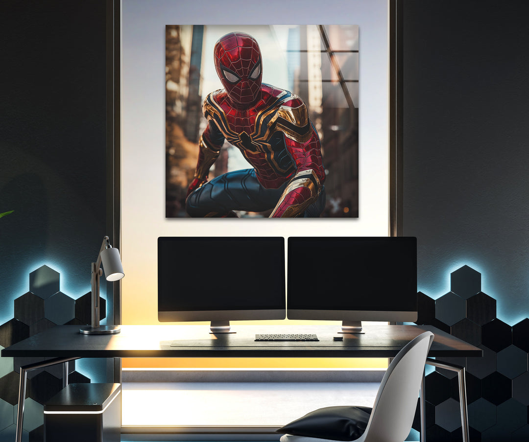 Spiderman Iron Suit Glass Wall Art custom glass pictures, glass art prints

