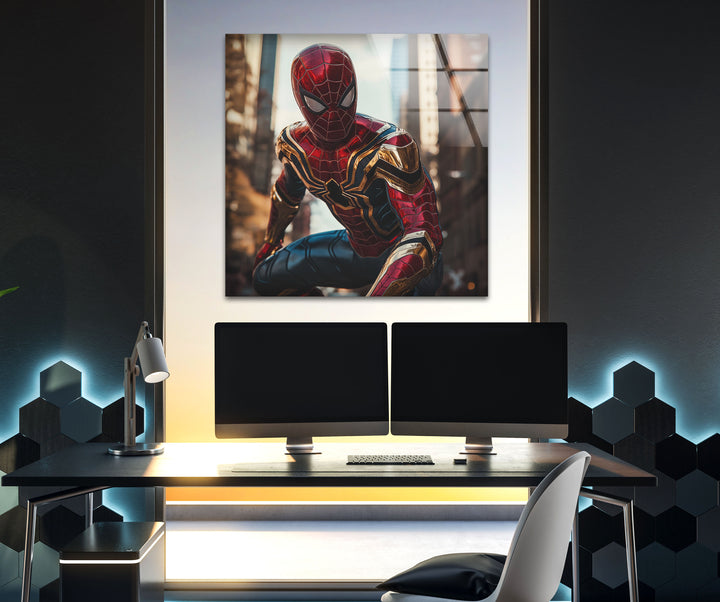 Spiderman Iron Suit Glass Wall Art custom glass pictures, glass art prints
