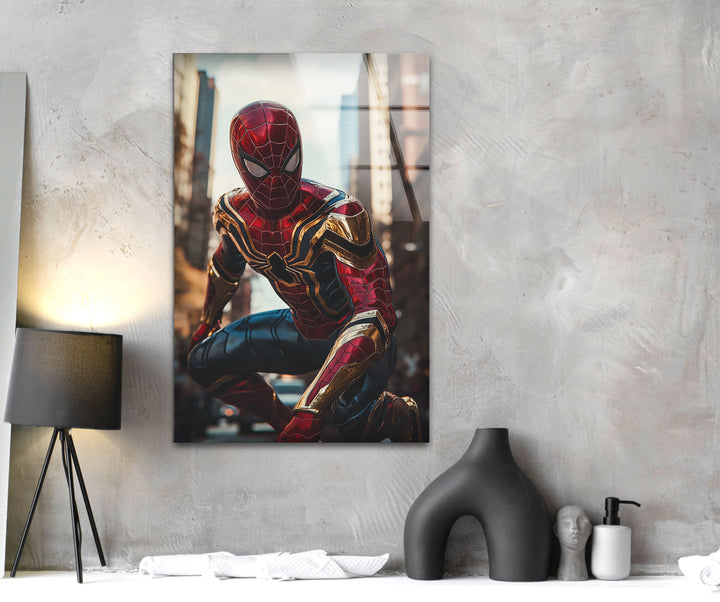 Spiderman Iron Suit Glass Wall Art custom glass photo prints, large glass prints
