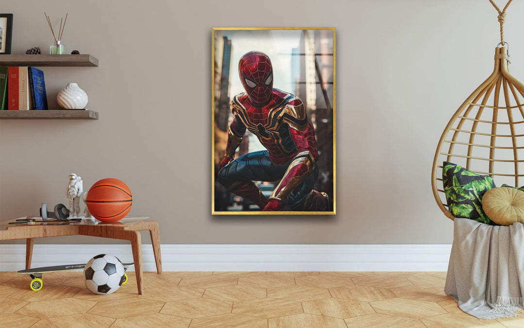 Spiderman Iron Suit Glass Wall Art picture on glass wall art, photos printed on glass
