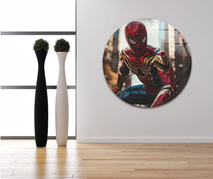 Spiderman Iron Suit Glass Wall Art print picture on glass, Tempered Glass Wall Art
