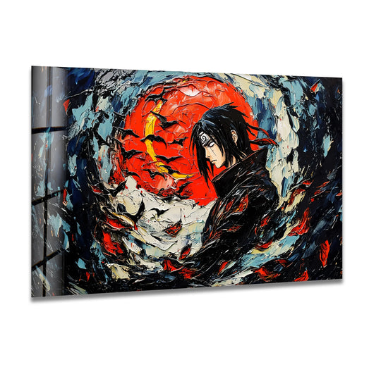 Illuminated by a brilliant red moon, the abstract ninja in this Crimson Eclipse anime design showcases distinctive glass wall art decor.