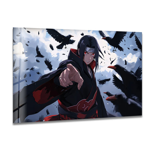 In the stillness, the crimson crow warrior is captured in a moment of eerie calm amidst the storm of crows in this dynamic glass art painting.