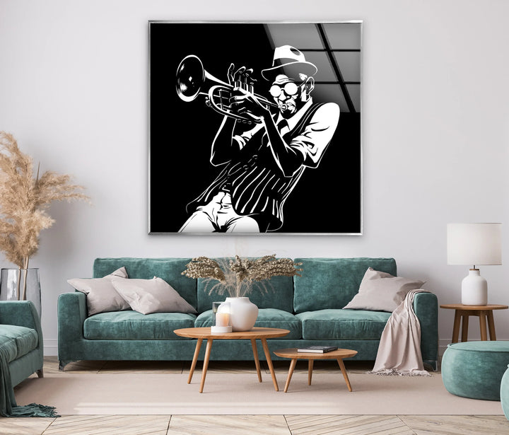 Black and white glass art capturing a trumpet player in classic jazz style MyPhotoStation