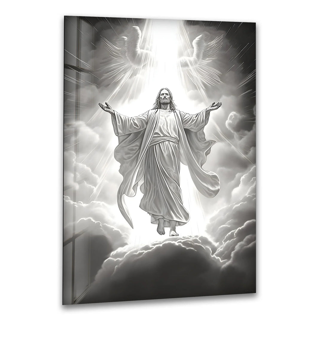 Black and white glass wall art showing Jesus ascending above radiant clouds with glowing light.