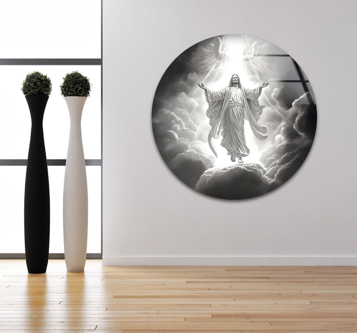 Jesus emerging from radiant clouds in an expressive monochrome glass print.