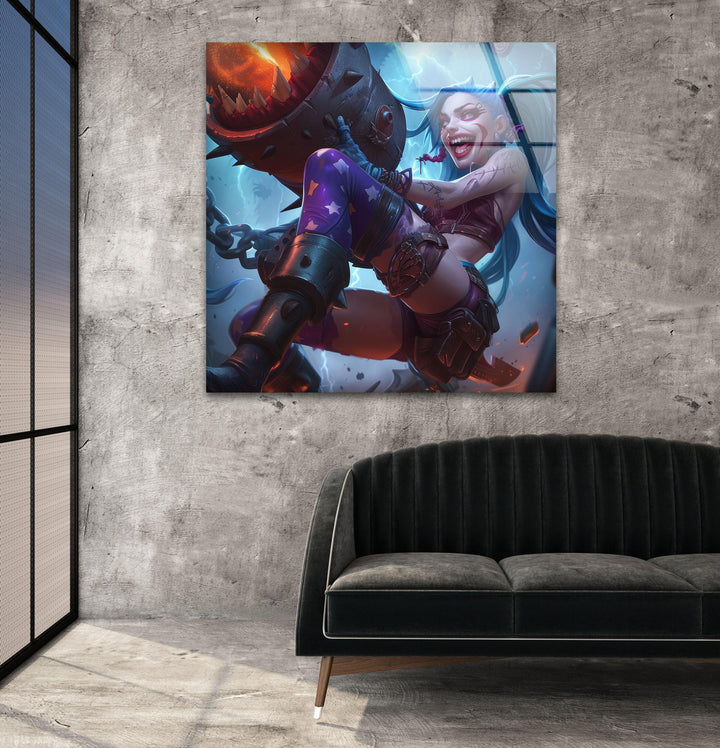League of Legends Jinx Glass Wall Art, photo print on glass, prints on glass wall art