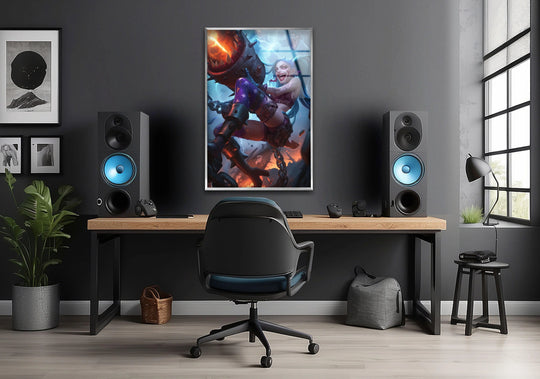 Warm color temperature highlights the bold, tempered glass art featuring a chaotic punk girl with a hammer, enhancing its edgy design and vibrant energy in the room.