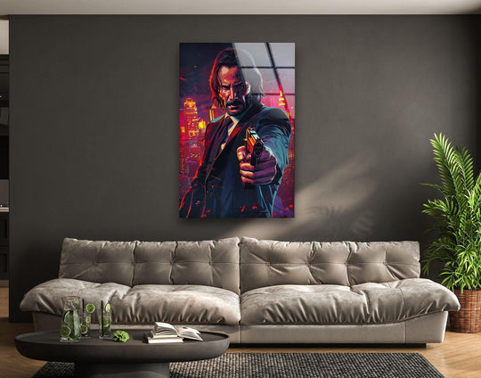 Illuminated by intense light, the neon city gunman portrait vividly showcases impressive art from glass in this unique glass wall art print.