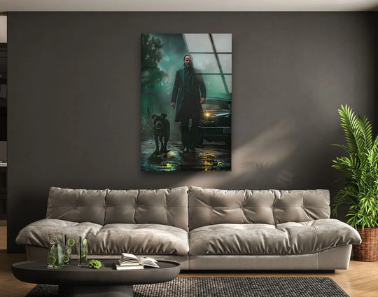 With muted color saturation, the dark gentleman with dog night scene print wall art showcases a sleek and modern tempered glass print art.