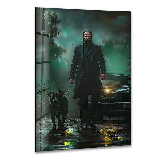 Subdued color saturation enhances the cinematic feel of this dark gentleman with dog night scene glass print wall art, emphasizing its modern print wall art aesthetic.