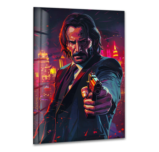 Behind the Neon City Gunman Portrait Glass Wall Art, a stylized cityscape suggests a gritty urban setting, making it a captivating example of best glass art.