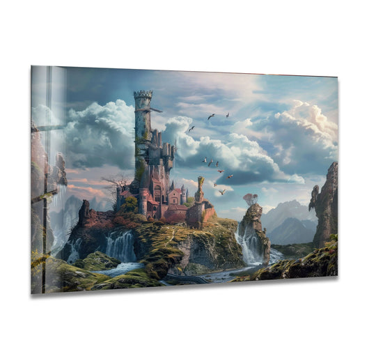 Light and shadow define the ethereal atmosphere of the Kaer Morhen castle in this scenic glass wall art, creating a captivating piece of home decor.