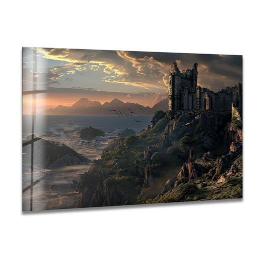 Tempered glass enhances the Mystical Fortress on the Cliff glass wall art with exceptional clarity, creating a stunning home decor accent piece.